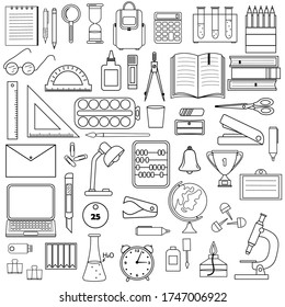 Set of stationery and school supplies in the Doodle style, black outline white background, vector illustration, isolated objects, design, decoration, coloring, icon