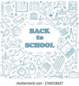 Set of stationery and school supplies in Doodle style, blue outline white background, vector illustration, isolated objects, design, decoration, icon