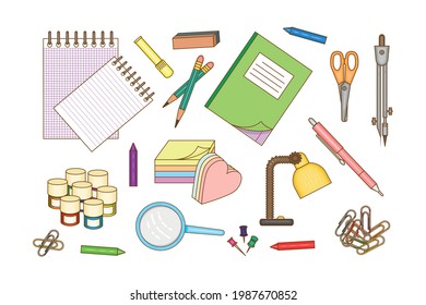 A set of stationery and school supplies. Multi-colored image of objects on a white background. Elements and templates for design. Vectron illustration.