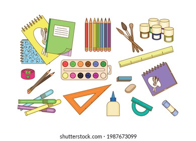 A set of stationery and school supplies. Multi-colored image of objects on a white background. Elements and templates for design. Vectron illustration.