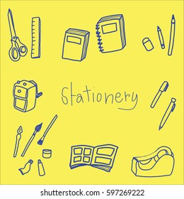 Set of stationery or school supplies such as notebook, folder, scissors, ruler, pencil, tape dispenser, pencil sharpener, eraser, color tubes, brushes and pen. Vector illustration with doodle style.