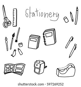 Set of stationery or school supplies such as notebook, folder, scissors, ruler, pencil, tape dispenser, pencil sharpener, eraser, color tubes, brushes and pen. Vector illustration with doodle style.