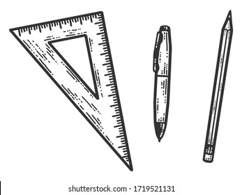 A set of stationery. Sketch scratch board imitation. Black and white. Engraving vector illustration.