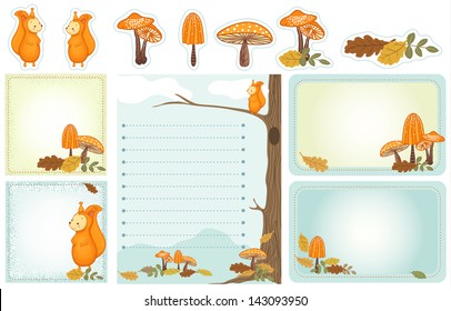 Set of stationery with squirrel, mushrooms, autumn leaves. Autumn, woodland scene.