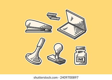 set of stationery with staples, stamp and ink doodle style illustration vector for back school