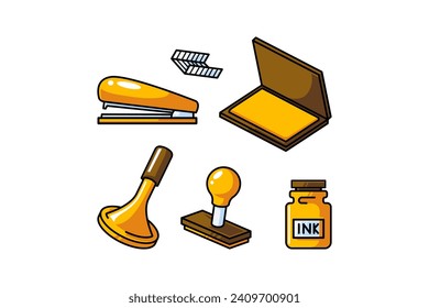 set of stationery with staples, stamp and ink illustration vector for education and back school