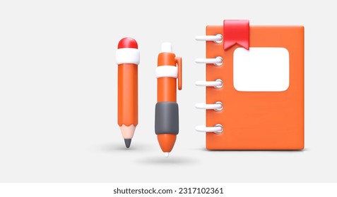 Set of stationery for student, office worker. 3D orange notebook, pen, pencil with shadows. Notes on sheets. Personal planner, diary. Working notes. Color vector poster