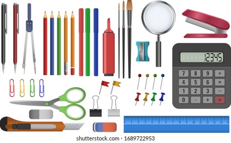 A set of stationery for study and office. Pens, pencils, felt-tip pens, brushes, stapler, magnifier, sharpener, scissors, eraser, knife, calculator, compass, ruler, pins, paper clips.