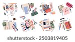 Set of Stationery supplies. Tools, materials and equipment for handmade, crafting and creative hobbies. Notebooks, paints and pencils. Flat vector illustration collection isolated on white background