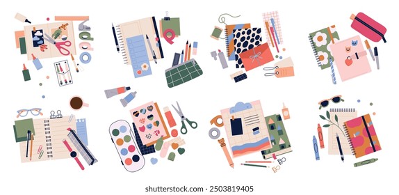 Set of Stationery supplies. Tools, materials and equipment for handmade, crafting and creative hobbies. Notebooks, paints and pencils. Flat vector illustration collection isolated on white background