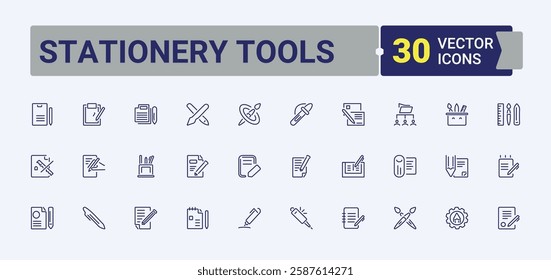 Set of Stationery Tools line icons. Includes icons for draw, edit, note, write, pen, paint, art, marker. Icons for design. Editable stroke. Vector illustration.