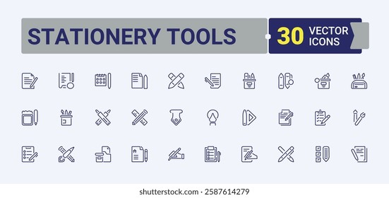 Set of Stationery Tools line icons. Includes icons for draw, edit, note, write, pen, paint, art, marker. Icons for design. Editable stroke. Vector illustration.