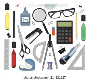 Set of stationery tools: marker, paper clip, pen, binder, clip, ruler, glue, zoom, scissors, scotch tape, stapler, corrector, glasses, pencil, calculator, eraser, knife, compasses, protractor