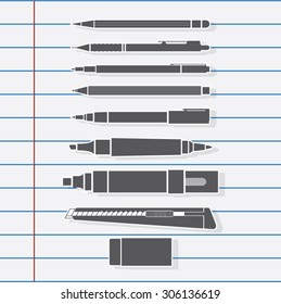 Set of Stationery Tools: Marker, Paper , Pen, Stapler, Corrector, Pencil, Eraser