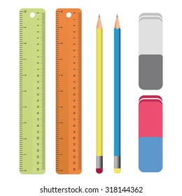 Set of stationery tools outlines: ruler, pencil, eraser. School supplies, Drawing in vector illustration
