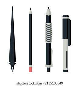 Un conjunto de herramientas de papelería (pluma, lápiz, marcador). Imagen vectorial.
