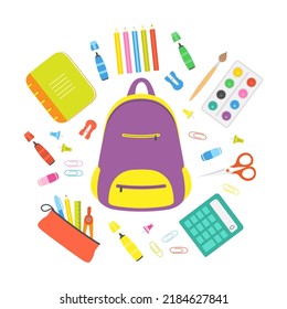 set of stationery tools for school or student, vector illustration of backpack, pencils, pen, calculator, notepad and scissors on white background, flat style