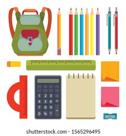A set of stationery tools for a schoolboy, accountant, student or architect. Backpack, pencils, pen, rulers, calculator, notepad on a white isolated background. Vector illustration in flat style.