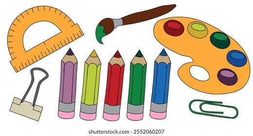 Set of stationery. Vector illustration of old pencils, paper clip, protractor, paints, brush.