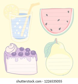 Set of stationery vector reminder stickers, sheets, papers. Cute trendy design, pastel colors. Hand drawn pear, cake, watermelon and lemonade on yellow background.