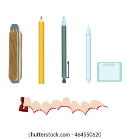 Set of stationery for writing and drawing. Pen, pencils and pancil sharpener. Vector illustration.