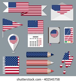 Set of stationety icons with flag elements. USA