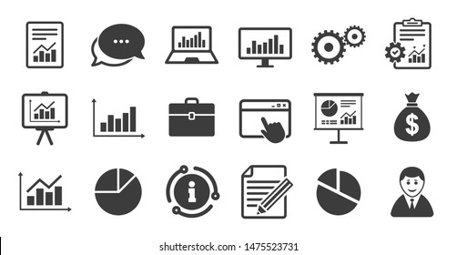 Set of Statistics, Accounting and Report icons. Information, chat bubble icon. Charts, Presentation and Pie-chart signs. Analysis, Money bag and Business case symbols. Quality set. Vector