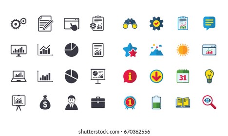 Set of Statistics, Accounting and Report icons. Charts, Presentation and Pie-chart signs. Analysis, Money bag and Business case symbols. Calendar, Report and Browser window signs. Vector
