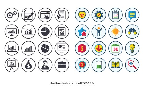 Set of Statistics, Accounting and Report icons. Charts, Presentation and Pie-chart signs. Analysis, Money bag and Business case symbols. Calendar, Report and Book signs. Vector
