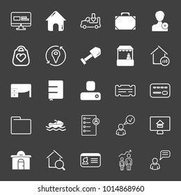 set of statistics, house, cargo, suitcase, add female, love bag, update location, shovel, shop, work desk, notebook, coupon, card, folder, boat, checklist, online estate, id card, chatting vector icon