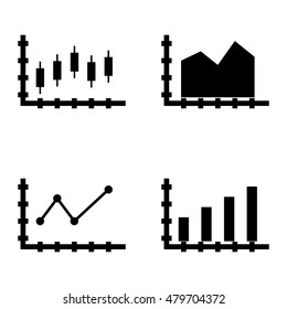 Set Of Statistics Icons On Area Chart, Candles Chart, Pointed Line Chart And More. 