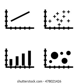 Set Of Statistics Icons On Bar Chart, Line Chart And Bubble Chart. Statistics Vector Icons For App, Web, Mobile And Infographics Design.