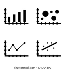 Set Of Statistics Icons On Bar Chart, Pointed Line Chart, Bubble Chart And More.