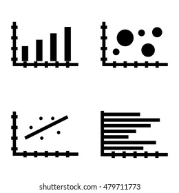 Set Of Statistics Icons On Horizontal Bar Chart, Bubble Chart, Scatter Chart And More.