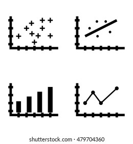 Set Of Statistics Icons On Pointed Line Chart, Plotter Point Chart, Bar Chart And More.