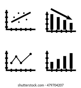 Set Of Statistics Icons On Scatter Chart, Pointed Line Chart, Bar Chart And More.