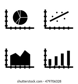 Set Of Statistics Icons On Scatter Chart, Bar Chart, Area Chart And More. 