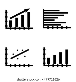 Set Of Statistics Icons On Scatter Chart, Bar Chart, Horizontal Bar Chart And More. 