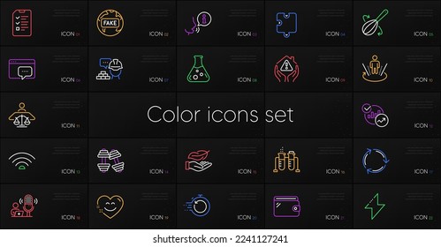 Juego de estadísticas, chat Smile e iconos de la línea de laboratorio de Química. Incluya un batidor de química, recuperación rápida, iconos de reciclaje. Protección de la casa, realidad aumentada, elementos web de noticias falsas. Vector