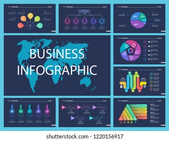 Set of statistics or strategy concept infographic charts. Business diagrams for presentation slide templates. For corporate report, advertising, banner and brochure design.