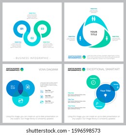 Set of statistics or strategy concept infographic charts. Can be used for workflow layout, annual report, presentation slide, web design. Business concept with venn charts