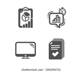 Set Of Statistics Timer, Computer And Report Icons. Handout Sign. Growth Chart, Pc Component, Presentation Chart. Documents Example.  Classic Design Statistics Timer Icon. Flat Design. Vector