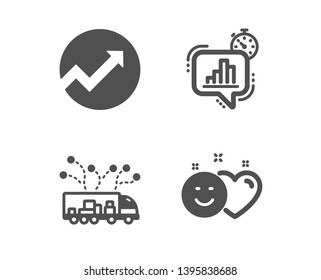 Set of Statistics timer, Truck delivery and Audit icons. Smile sign. Growth chart, Logistics, Arrow graph. Social media like.  Classic design statistics timer icon. Flat design. Vector