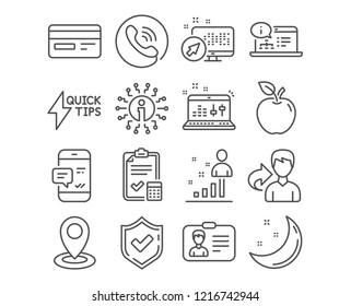 Set of Stats, Location and Quickstart guide icons. Smartphone notification, Accounting checklist and Credit card signs. Sound check, Online documentation and Identification card symbols. Vector