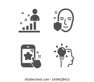 Set of Stats, Star rating and Face protection icons. Idea sign. Business analysis, Phone feedback, Secure access. Professional job.  Classic design stats icon. Flat design. Vector
