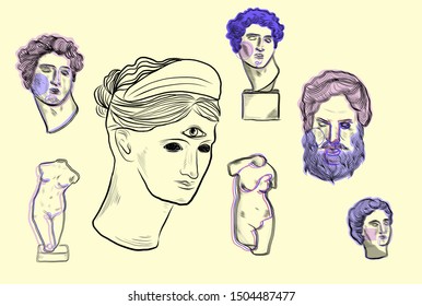 Set statue goddess, greek sculpture of male head. 