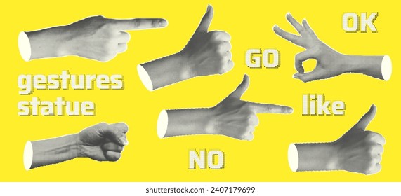 Set statue hands halftone style for collage design. Fingers show gestures as ok, peace, thumb up, point to object, rock, isolated on Yellow background. Contemporary modern art. Vector illustration