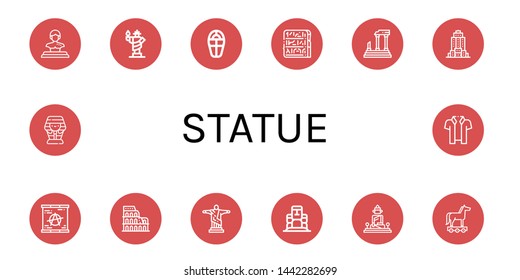 Set of statue icons such as Statue, Statue of liberty, Sarcophagus, Egypt, Parthenon, Empire state building, Berlin wall, Coliseum, Christ the redeemer, Moai, Great buddha of thailand ,