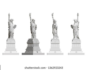 Set with a statue of liberty. Front, side and rear view. Polygonal Statue of Liberty isolated on a white background. 3D. Vector illustration