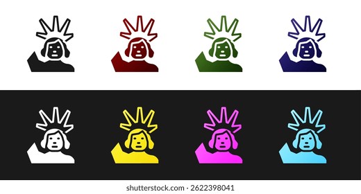 Set Statue of Liberty icon isolated on black and white background. New York, USA.  Vector
